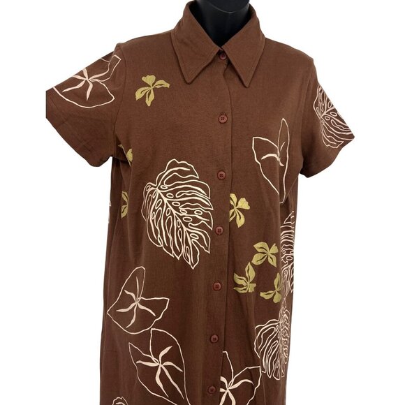 M.Mac Brown Button-Front Short Sleeve Dress Leaf Size Medium M Aloha EUC - Picture 3 of 6